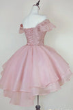 Vintage Pink Beading Design Short Evening Dress, A-line Off-the-shoulder Homecoming Dress HZ1024