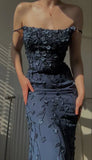 Charming Navy Blue Applique Spaghetti Strap Sheath Long Prom Dress Party Dress Evening Dress HZ1024