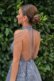 Vinateg Navy Blue Appliqued Beaded Backless Design A-line Tulle Party Dress Homecoming Dress HZ1024