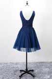 Vintage Navy Blue Lace Appliques Design A-line Tulle Short Lace-up Homecoming Dress HZ1024