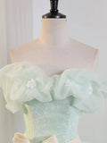 Beautiful Sage Green Tulle Floor Length Prom Dresses, A-Line Off the Shoulder Evening Part Dresses HZ1024